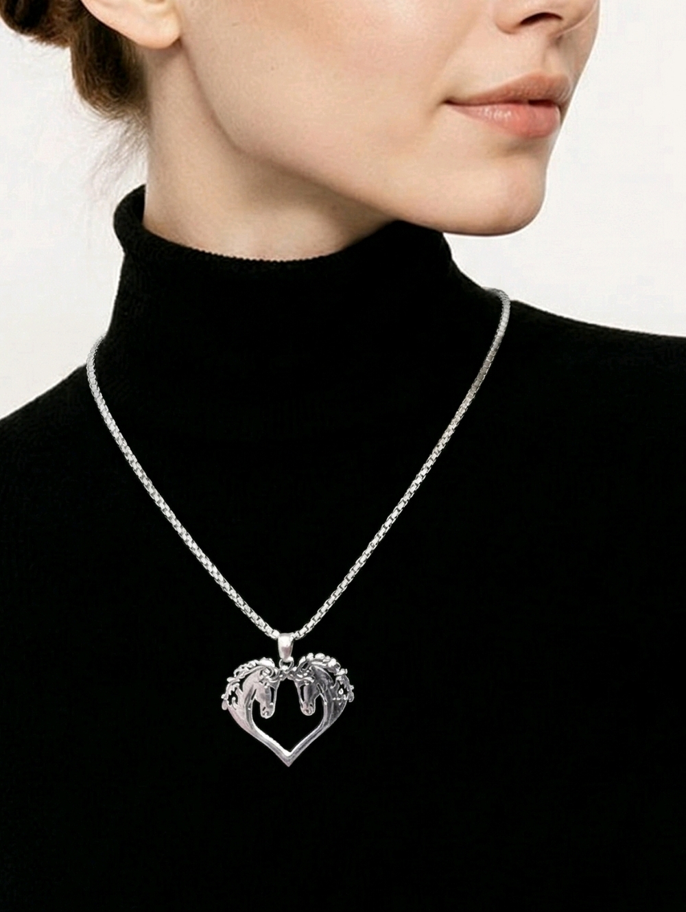 Horse Head Heart Necklace Equestrian Silver Stainless Steel 24" Box Chain Gift